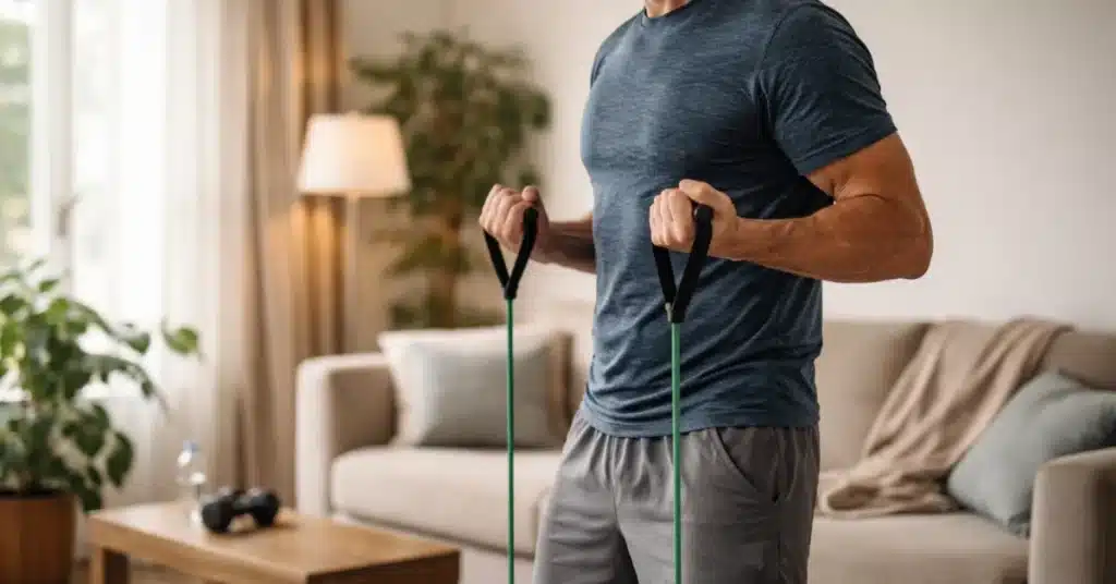 Man over 40 doing a joint-friendly resistance band exercise at home