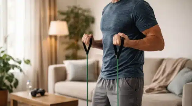 Man over 40 doing a joint-friendly resistance band exercise at home