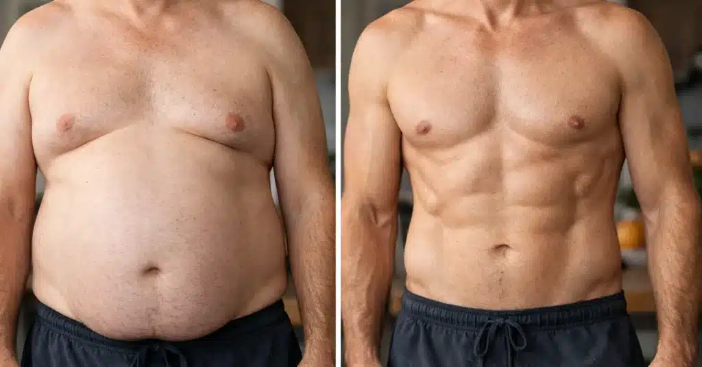 Before and after body transformation showing muscle gain after 40