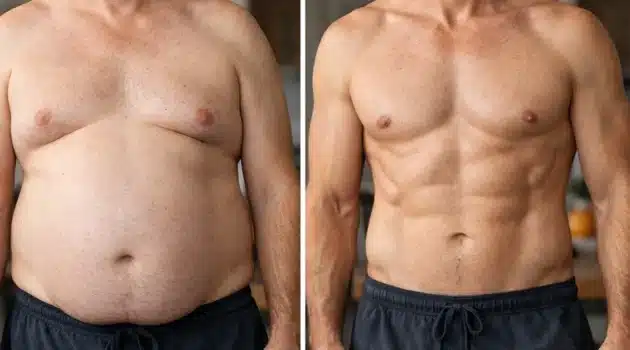 Before and after body transformation showing muscle gain after 40