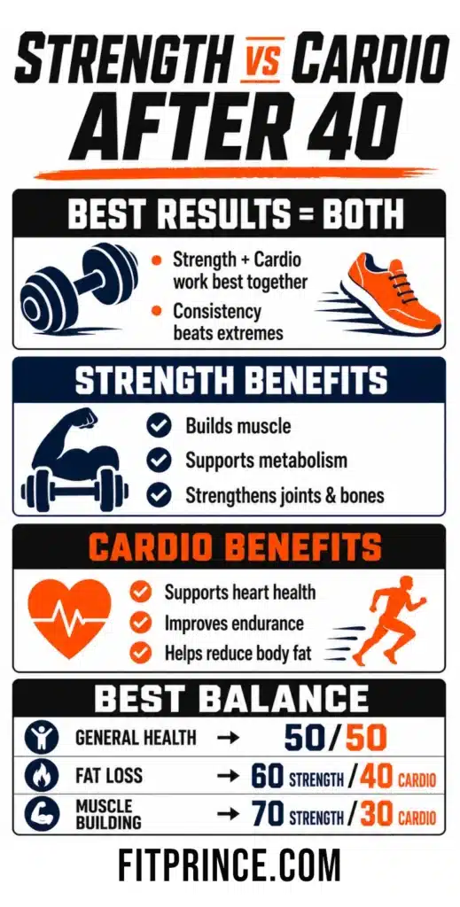 strength vs cardio after 40 infographic showing benefits of strength training, cardio training, and the best training balance for men over 40