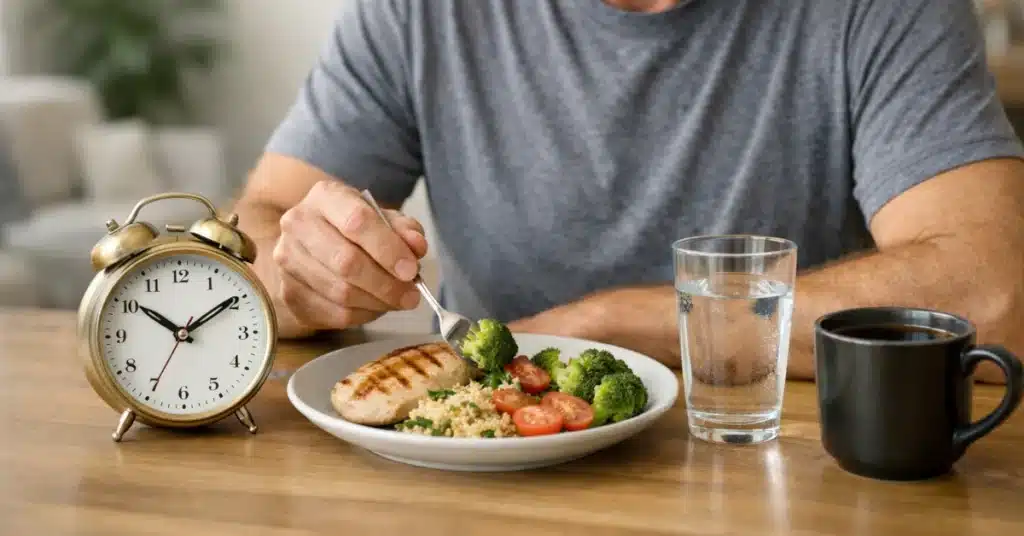 Man over 40 eating a healthy meal with table clock during intermittent fasting routine
