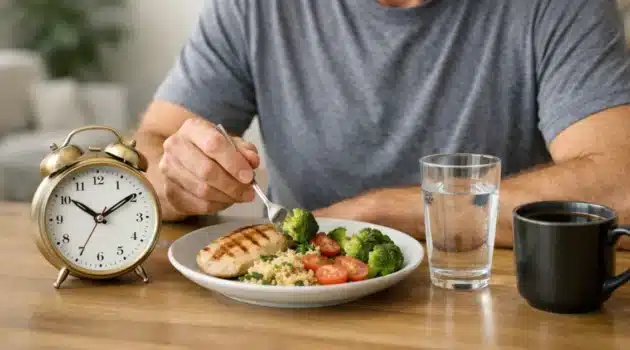 Man over 40 eating a healthy meal with table clock during intermittent fasting routine