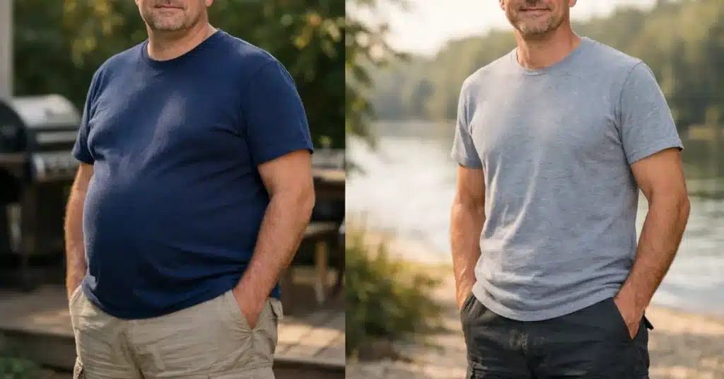 Middle aged man before and after fat loss with improved body shape