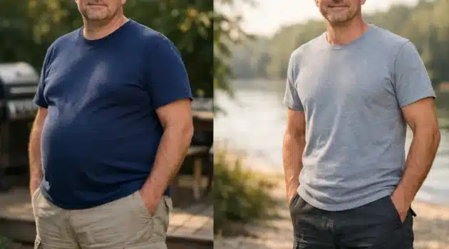 Middle aged man before and after fat loss with improved body shape