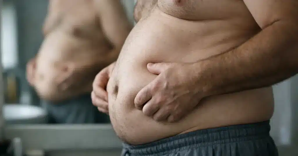 Middle aged man holding belly fat in front of mirror