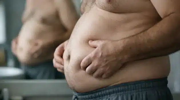 Middle aged man holding belly fat in front of mirror