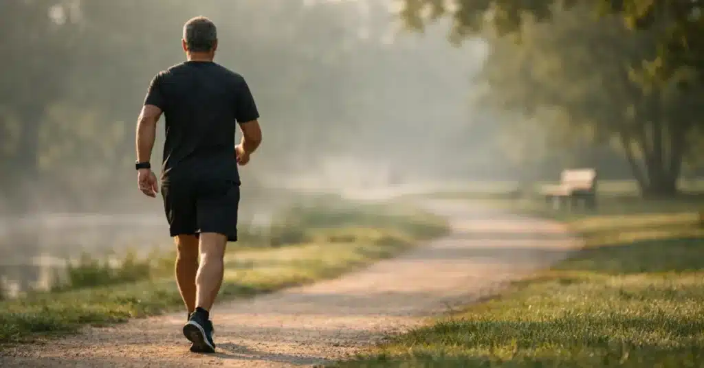Man over 40 brisk walking outdoors for fat burning workout