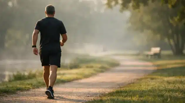 Man over 40 brisk walking outdoors for fat burning workout