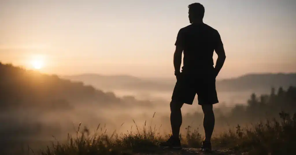 Active man over 40 standing outdoors at sunrise, fitness lifestyle