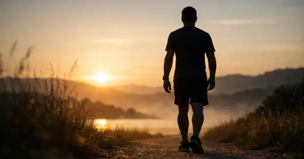 Man over 40 starting his fitness journey walking on a trail at sunrise
