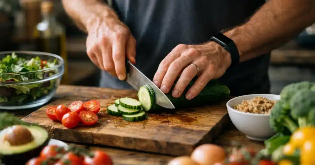 Preparing a healthy meal with vegetables and whole foods for a healthy lifestyle