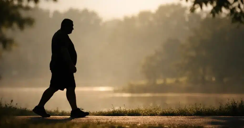 Overweight middle aged man walking outdoors, fat loss lifestyle concept