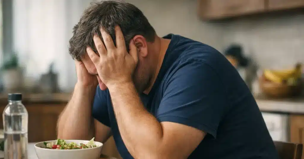 Middle aged man holding his head in frustration at a kitchen table