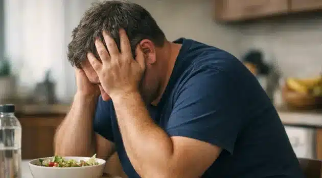 Middle aged man holding his head in frustration at a kitchen table