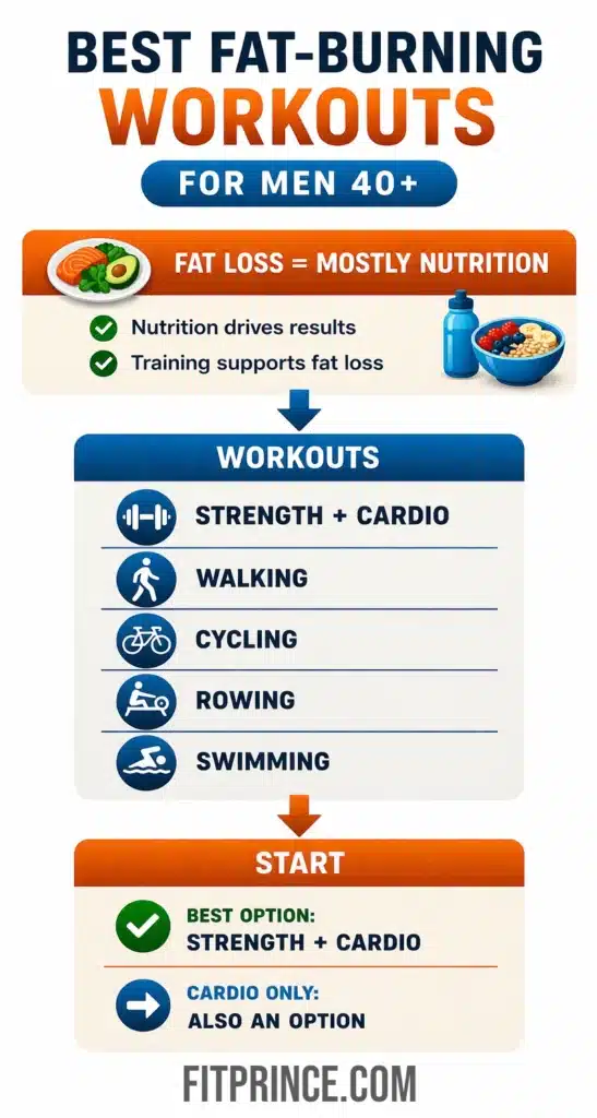 fat burning workouts for men over 40 infographic showing strength training cardio walking cycling rowing and swimming